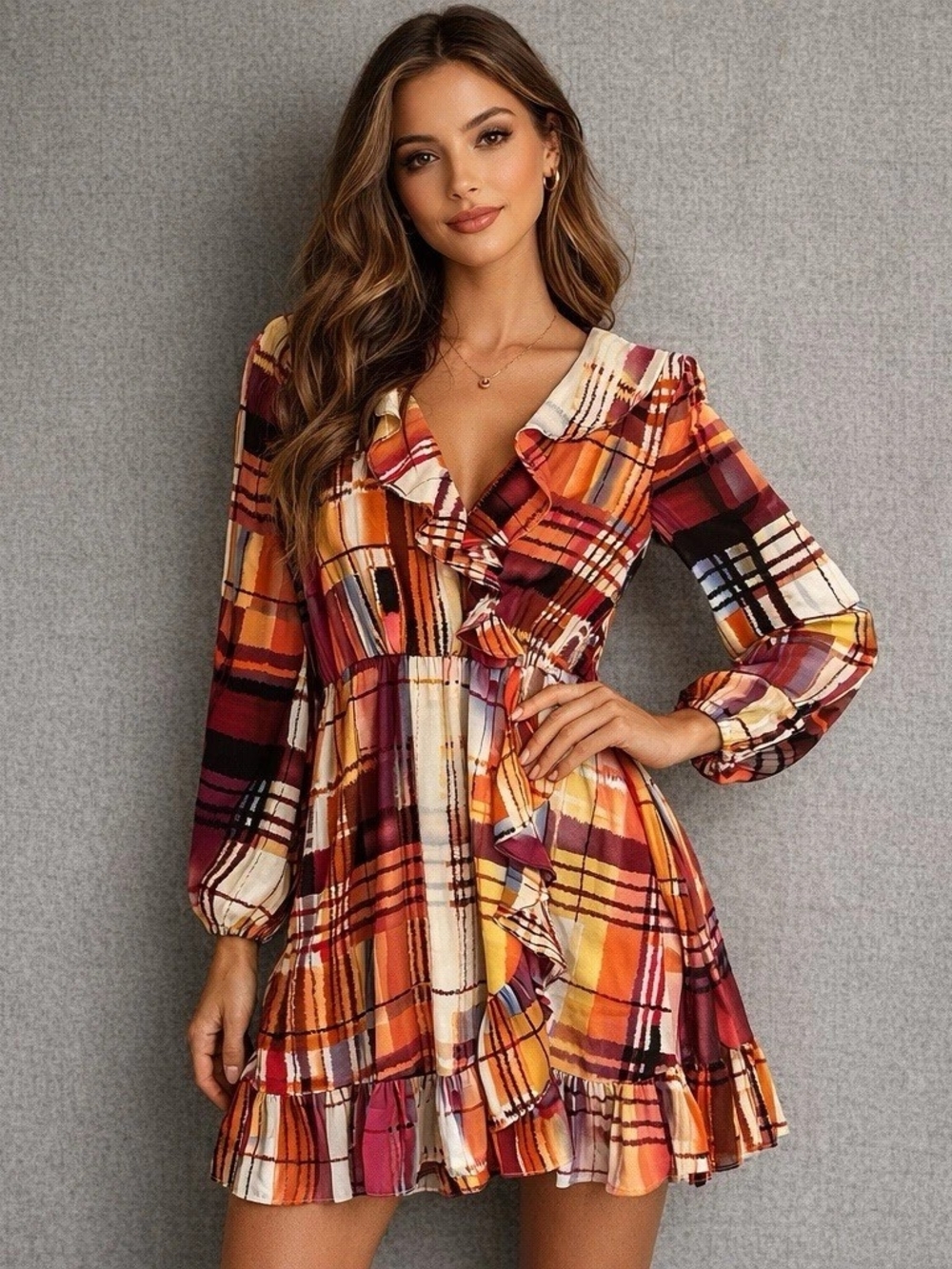 International Concepts Plaid Ruffle Faux Wrap Dress - Picture 1 of 9